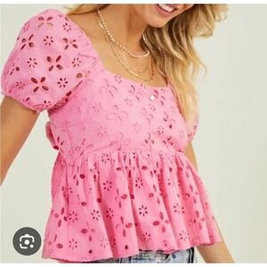 Altar'd State Womens Pink Kinsley Eyelet Blouse Summer Spring Top Size Medium